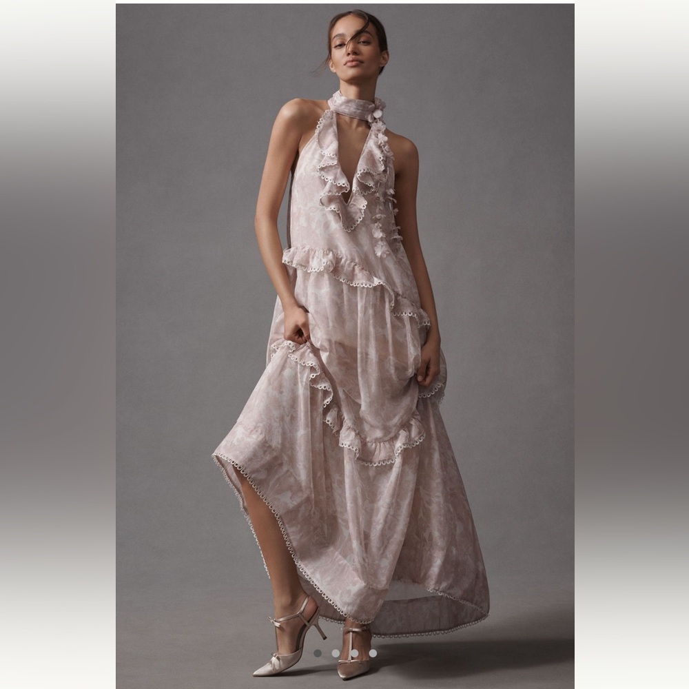 BHLDN by ANTHROPOLOGIE HIGH-NECK RUFFLE PRINTED ORGANZA MAXI DRESS